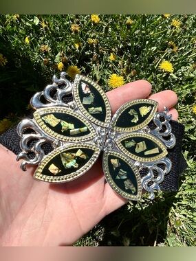 Vintage Fairycore Whimsigoth Silver and Gold Abalone Shell Inlay Elastic Belt